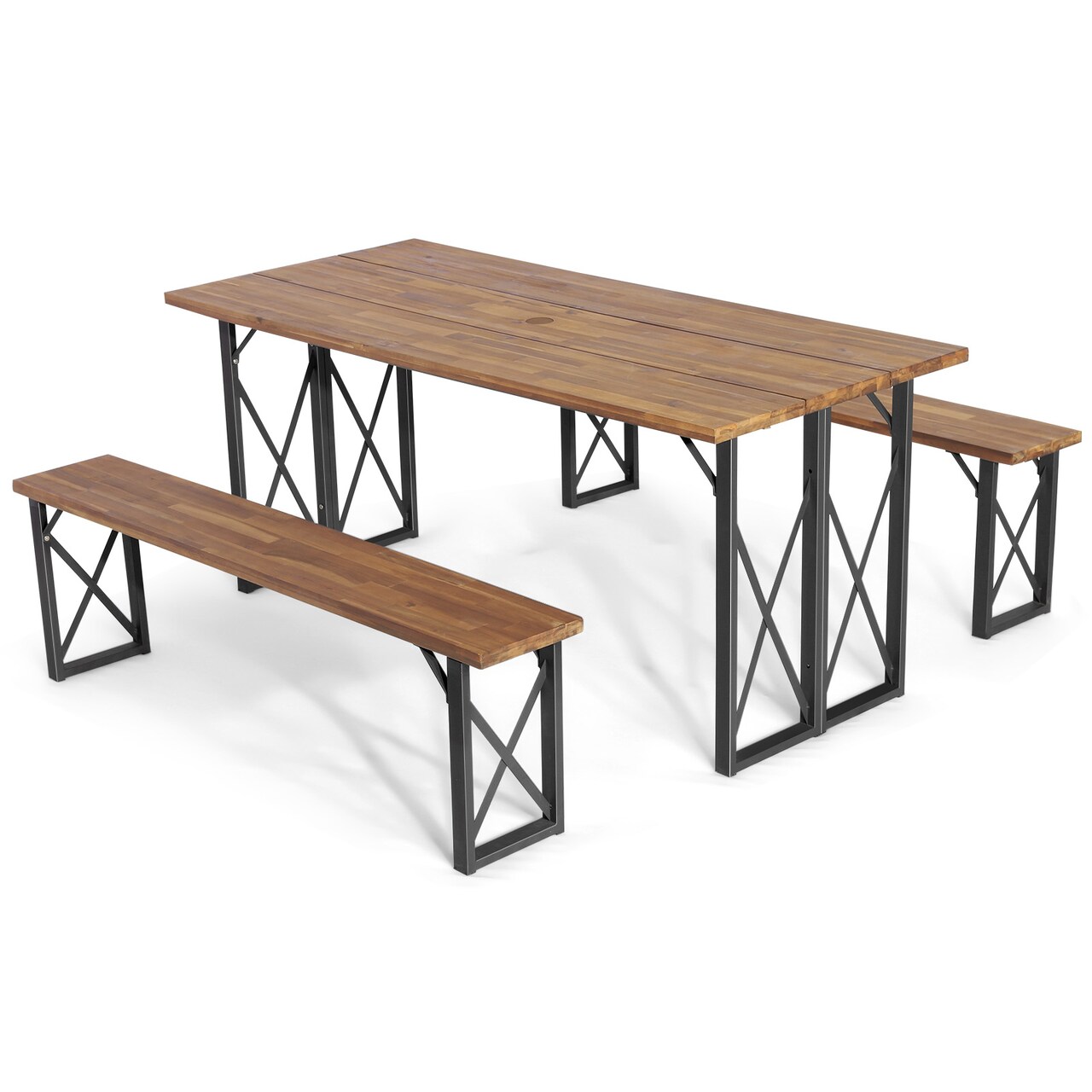 Natural Acacia Wood Patio Table And 2 Bench Set 6-Person Outdoor